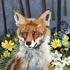 A lush forest scene featuring a detailed embroidered fox surrounded by vibrant yellow and white flow.