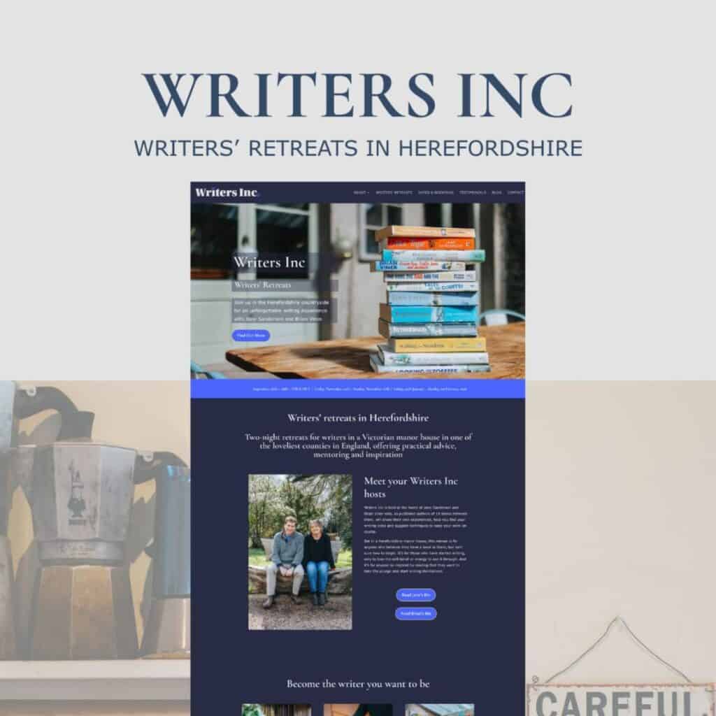 A vibrant image of a website homepage for Writers Inc featured on Wild Currant showcasing writers’ retreats in Herefordshire.