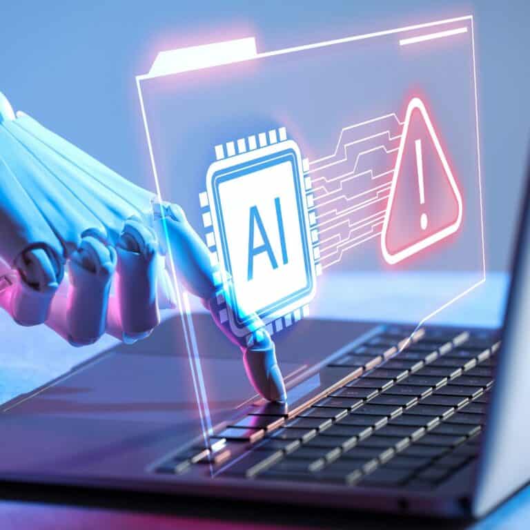 Digital illustration of AI technology with warning alert on a laptop screen.
